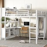 Queen Loft Bed with Wardrobe and Storage Cubes, Queen Size Loft Bed Frame with Desk White