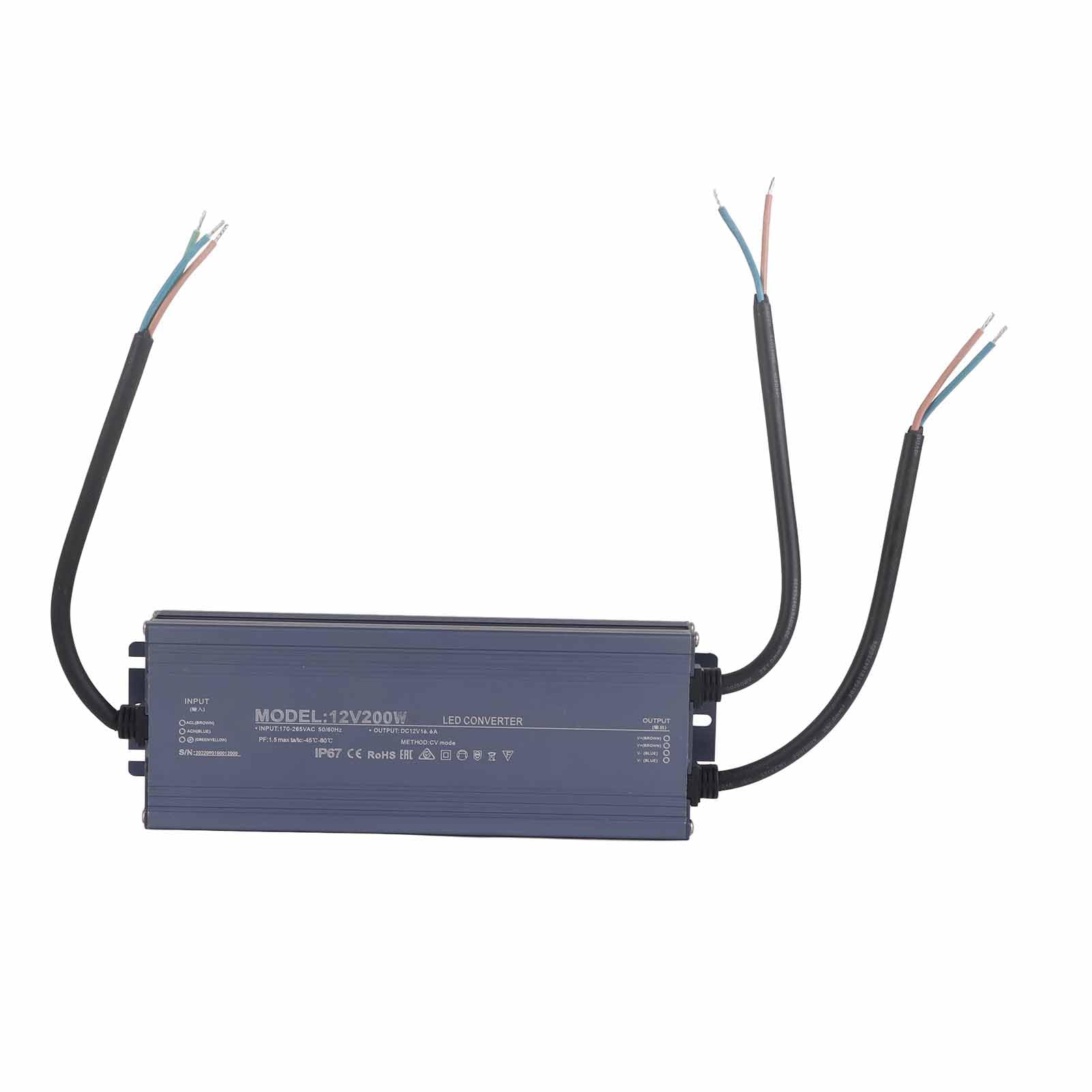 Wodoodporny Zasilacz 200W IP67 o Stałym Napięciu (12 V) | Obudowa ze Stopu Aluminium, Sterownik LED do Pasków i Szyldów, Przewód Zasilający z Rdzeniem Miedzianym, Kamery i Sprzęt