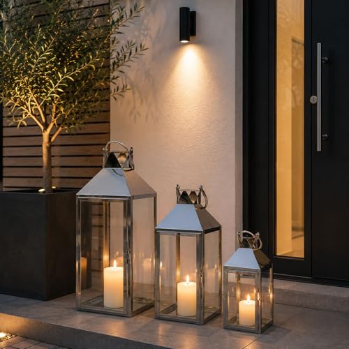 Mojawo Traumhaftes 3er Set Luxus XXL Gartenlaterne Edelstahl Windlicht Laternen Set Höhe 24/40/53cm Mojawo Traumhaftes 3er Set Luxus XXL Gartenlaterne Edelstahl Windlicht Laternen Set Höhe 24/40/53cm