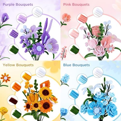 Pipe Cleaner Flower Kit, 540Pcs Pipe Cleaners Craft with 15 Designs Guiding Book, Flower Making Kit with Chenille Stems & Floral Wires, DIY Bouquets and Party Decorations (Multicolor, 12in x 7mm) - 1