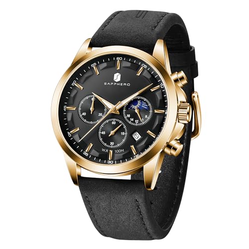 SAPPHERO Men's Watches Stainless Steel Chronograph Waterproof Quartz-Business Casual Dress Watch for Men Luminous Date Gold/Silver/Black Design-Easy-to-Read Luxury Dial-Leather Unique Elegant Gift