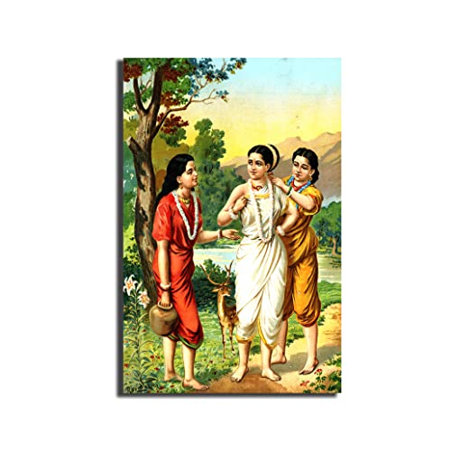Image of Sikhash Raja Ravi Varma Canvas Paintings Classic Art, Indian Art, Famous Artist, Wall Painting for Living Room, Bedroom, Office, Unframed, Multicolor Fabric Size - 23x15 inches (58x38 cms, Shakuntala and Sakhis)