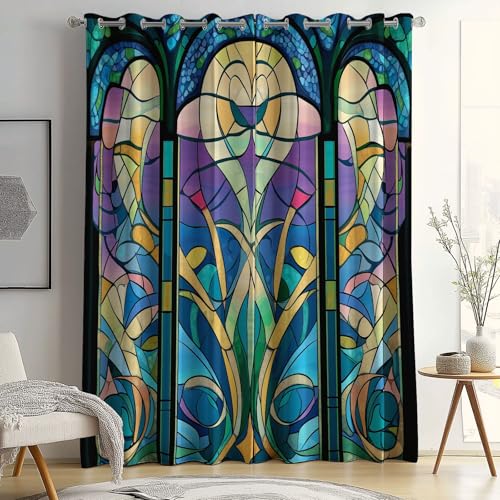 Cortinas Opacas con Aislamiento térmico, Art Nouveau Cortinas con Vitrales Estampadas, 140 x 245 cm (2 Paneles) para Dormitorio Salon Habitacion Cortinas de Casa con Ojales