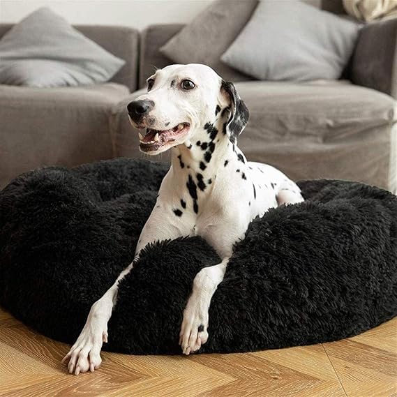 Image of ZEXSAZONE Summer Round Donut Calming Dog and Cat Bed, Anti-Anxiety Warming Soft Fluffy Faux Fur Plush Cushion for Medium Dogs, Cats & Puppies, Black Medium