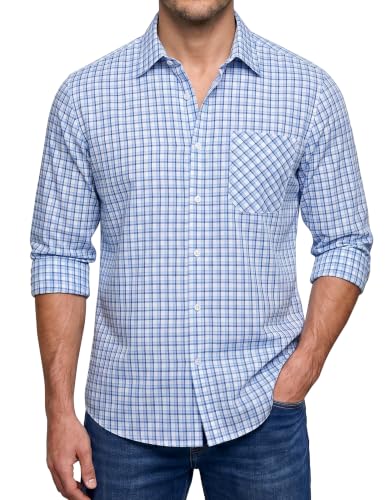 Image of Enlision Mens Shirt Long Sleeve Smart Casual Plaid Check Work Shirts for Men Gingham Country Overshirt Button Down Top with Pocket Regular Fit, Blue and White, L