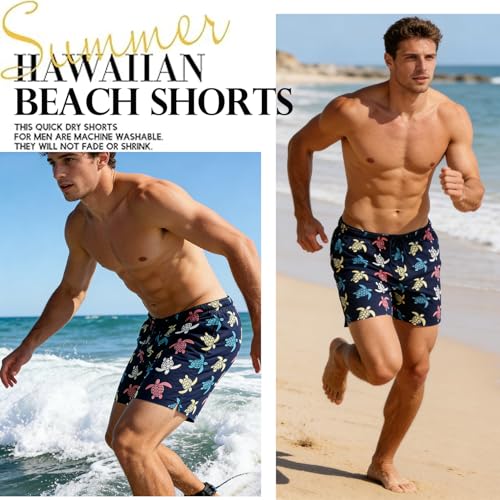 Image of Men's Swim Trunks with Compression Liner, Quick Dry Hawaiian Swimwear Bathing Suit Drawstring Board Shorts