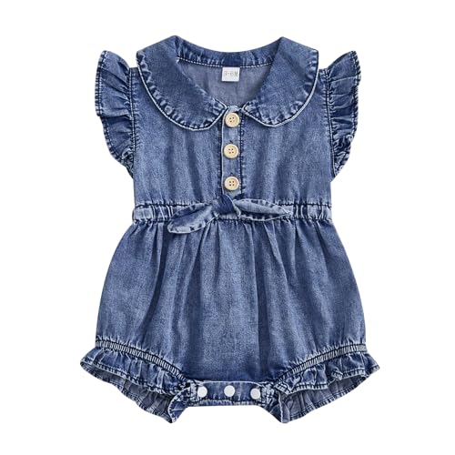 Image of Ledy Champswiin Summer Infant Girl Clothes Fly Sleeve Button Bodysuits Denim Onesie Baby Girl Jean One Piece Outfit