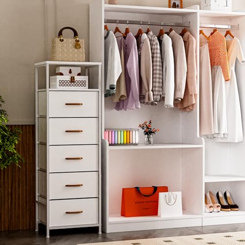 galasily 6-Tier Tall Dressers for Bedroom, White Small Storage Tower for Closet, Fabric 5 Drawers Chest, Organizer Dresser with Sturdy Steel Frame (White)
