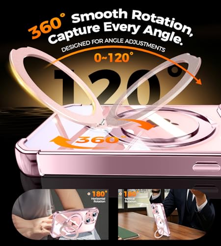Image of Soft Case for iPhone 15 with 360 Rotating Magnetic Stand, Compatible with Mag-Safe, 4X MIL-Drop Protection, Lightweight Glossy Anti-Yellowing Clear Back Phone Cover for iPhone 15 6.1 inch, Pink