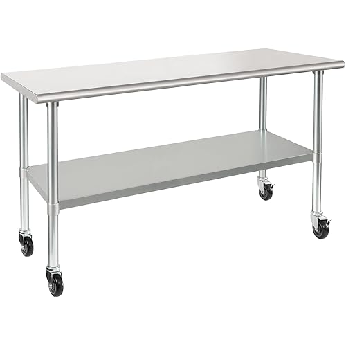 HARDURA Stainless Steel Table with Wheels 24 x 72 Inches Casters NSF Heavy Duty Commercial Work & Prep Table with Undershelf and Galvanized Legs for Restaurant Kitchen Bar and Hotel Garage