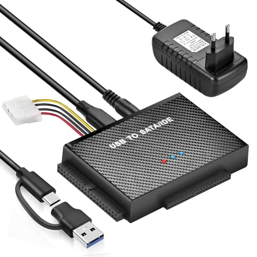 Amtake Adaptateur de disque dur USB 3.0 vers IDE/SATA pour disque dur/SSD 2,5 et 3,5", SATA USB compatible avec Windows 10/8/7/XP/Vista, Mac OS, Linux etc. (avec bloc d'alimentation 12 V 2 A)