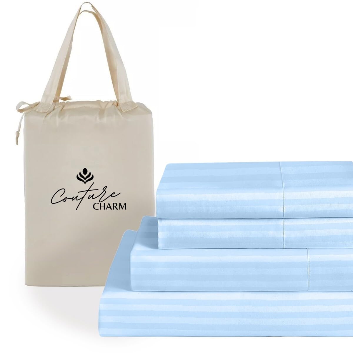 Couture Charm King Size 1000 Thread Count 100% Egyptian Cotton Sheet Set, 4-Piece, Sateen Weave, with 14-18" Deep Pocket Snug Fit (Stripe, Light Blue)