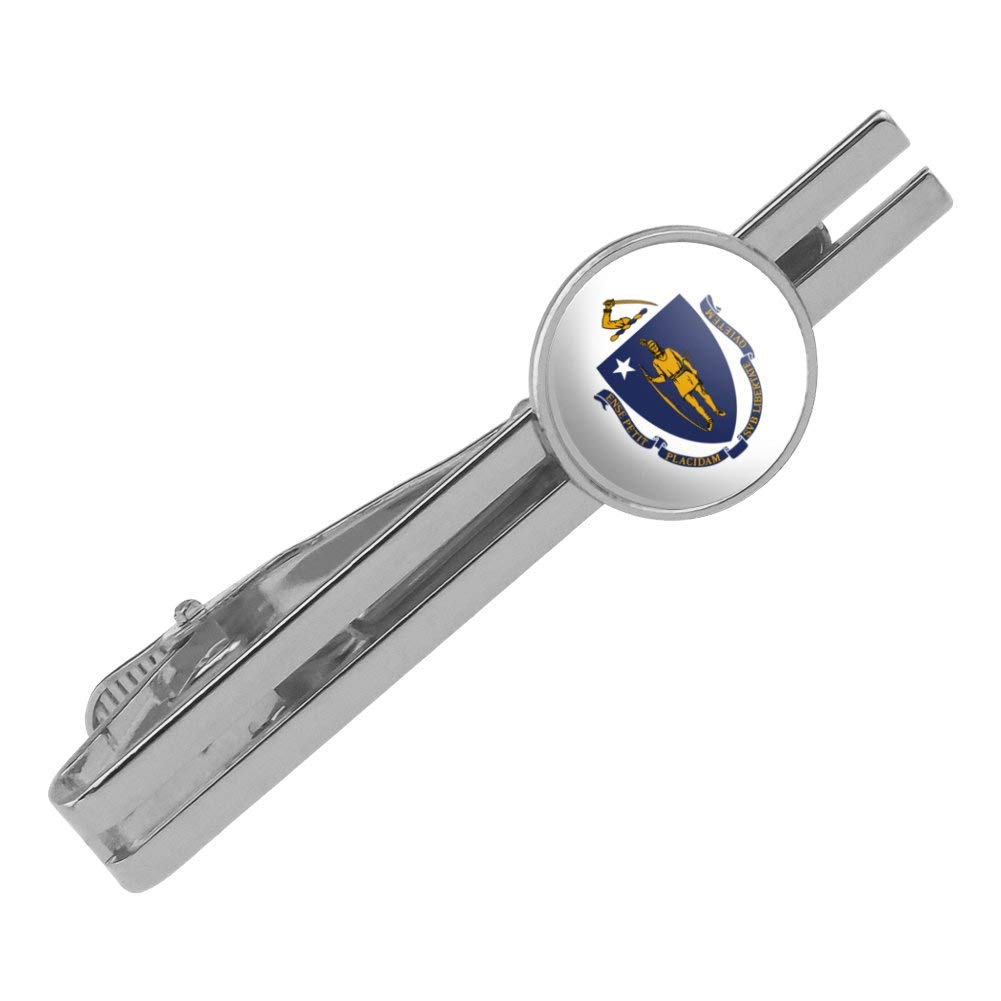 GRAPHICS & MORE Massachusetts State Flag Round Tie Bar Clip Clasp Tack Silver Color Plated