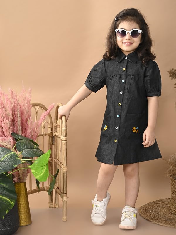 Image of superminis Girls Denim Solid Color Half Sleeves Dress with Embroidered Pocket (1 Dress)