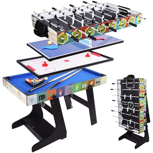 ALPIKA Faltbarer 4-in-1-Muliti-Sport-Spieltisch, zusammenklappbarer Kombi-Tisch, Pool-/Snooker-Tisch, Airhockey-Tisch, Tischtennis-Tisch, Fußballtisch mit Aufbewahrungsbox, 1,2 m