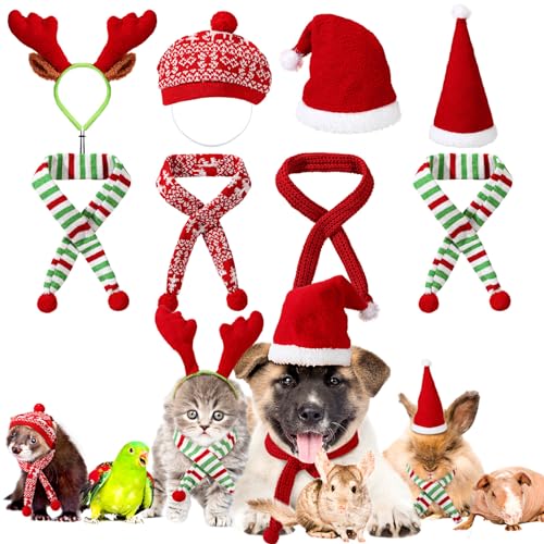Kajaia 8 Pcs Dog Christmas Outfits, Dog Christmas Hat and Scarf Set Reindeer Elk Antlers Headband Xmas Costumes Pet Santa Hat for Puppy and Cats Accessories