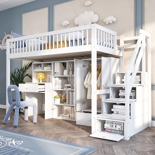 Rtopsu Kinderbett Etagenbett 90x200 cm mit Treppe und Stauraum, Einzelbett Hochbett mit Kleiderschrank und Schreibtisch, Bett mit Rausfallschutz und Lattenrost aus Holz, Weiß, Ohne Matratze