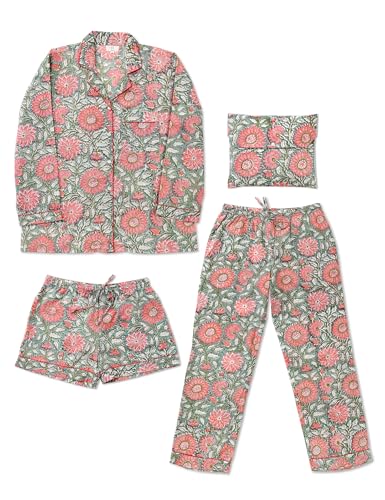 Huar Women Pajama Set, 4 pcs Button Down Vacation Beach Cotton Set, Lounge wear PJ Set For Birthday