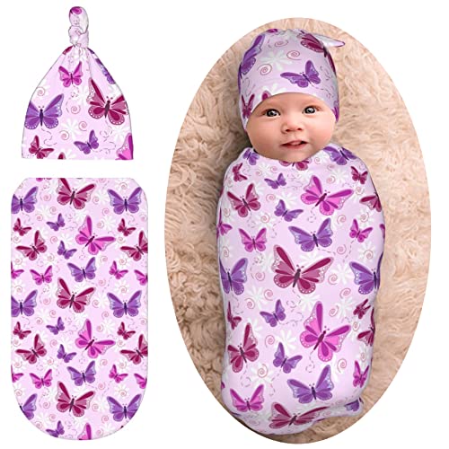 Image of Pink Butterfly Butterflies Newborn Swaddle Blanket Infant Sleep Sack Wrap Soft Stretchy with Beanie Hat for Baby Shower Boy Girl Gifts
