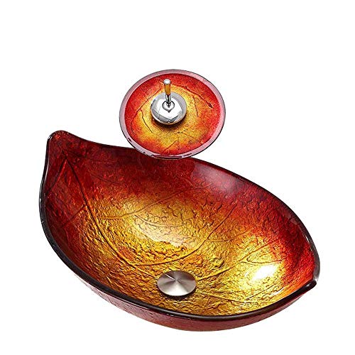 Lavabo salle de bains au-dessus du bassin, vasque en verre avec robinet rouge