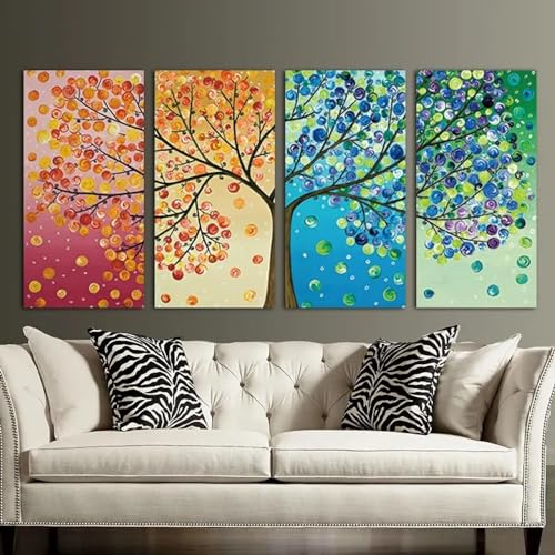 Tableau arbre 4 saisons coloré en 4 pièces de 50x70 cm pour décoration murale de chambre