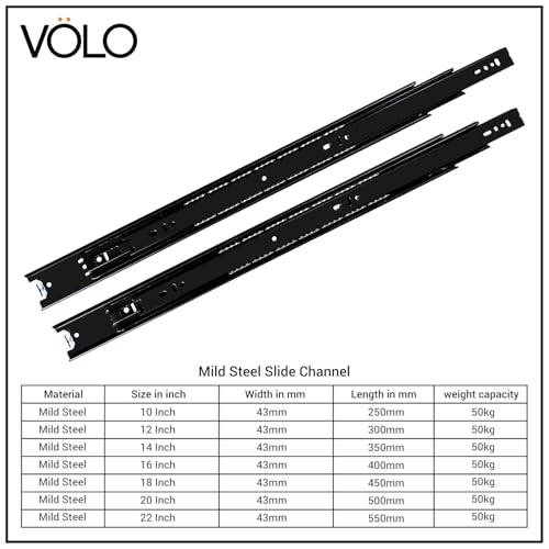 Image of Volo Heavy Duty Drawer Slides, Full Extension Ball Bearing Runners | Pack of 2 Piece | Channels for Kitchen Cabinets, Wardrobes, and Dressers (Black Mild Steel, 20 Inch)