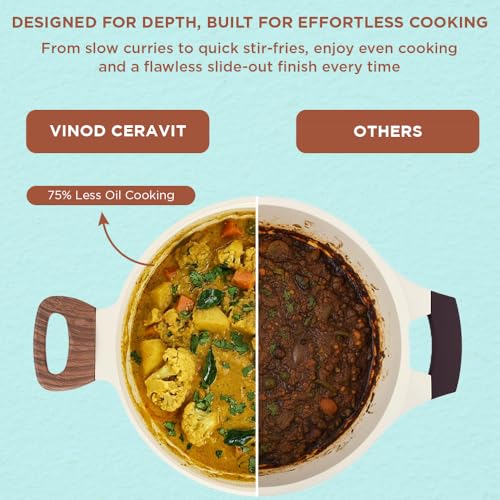 Image of Vinod Ceravit Ceramic Non Stick Deep Kadai with Glass Lid - 24 cm, 2.4 Litre | Healthy & Safe Cookware for Everyday Cooking | PFAS & PFOA Free | Metal Spoon Friendly | Gas & Induction Compatible