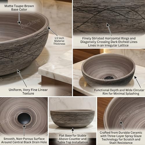 Image of Backline Matte Brown Ceramic Vintage Wash Basin | Small Round Basin | Above Counter Table Top | Bathroom Sink | Designer Art Basin for Bathroom, Vanity & Living Space (35x35x14 cm) (5 Years Warranty)