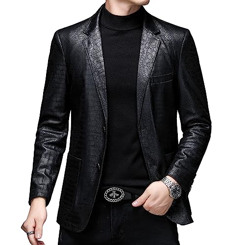 Men’s Crocodile Skin Pattern Genuine Sheepskin Faux Leather Casual Dress Suit Black Blazer Coat