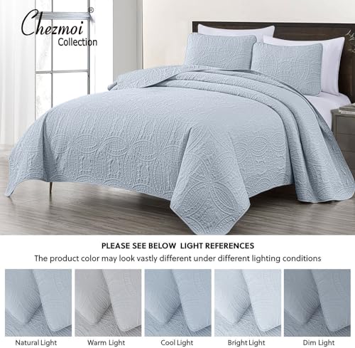 Image of Chezmoi Collection Austin King Bedspread Set 3-Piece Pinsonic Quilted Oversized Bedspread Coverlet Set, King, Silver