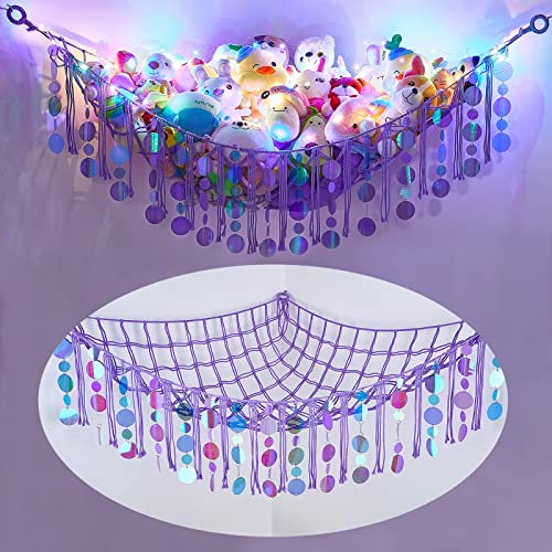 Image of FIOBEE Stuffed Animals Hammock Net Toy Storage Organizer with LED Light, Stuffed Animals Storage Girls Room Décor Wall Hanging with Sequins for Kids Bedroom Nursery Playroom, Purple