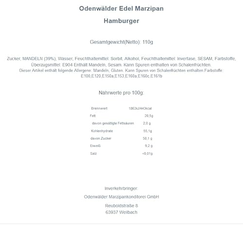 Odenwälder Marzipan Hamburger Brötchen belegt mit Salat, Fleisch, Ketchup und Senf 110g