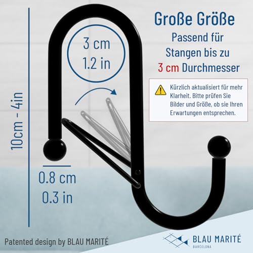 Blau Marité 6 Stück S Haken Groß für Stangen bis 3 cm Durchmesser – S Haken zum Einhängen Groß mit Sicherheitsschnalle – Haken für Kleiderstange & Garderobenstange – Metallhaken für Lagerung – Schwarz