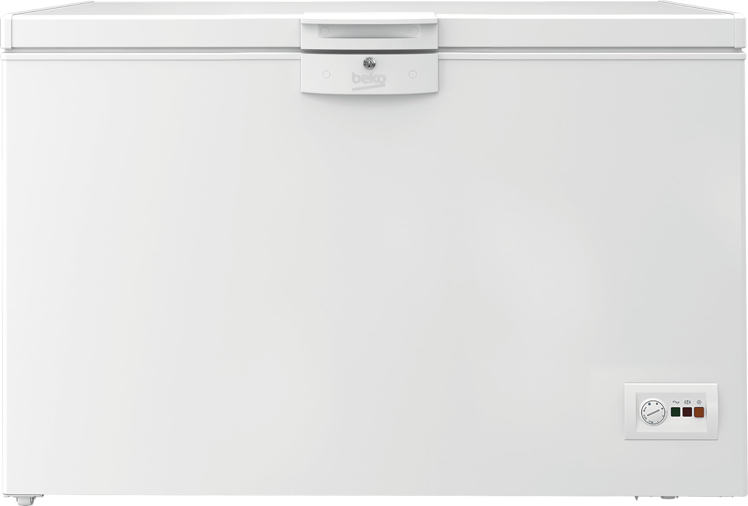 Beko HSM27050 Gefriertruhe, Kühltruhe, 284 l Nutzvolumen, 2 Gefriergutkörbe, Temperaturalarm, abschließbar, LED-Anzeigesystem, Innenbeleuchtung, 36 db(A), Transportrollen, Weiß