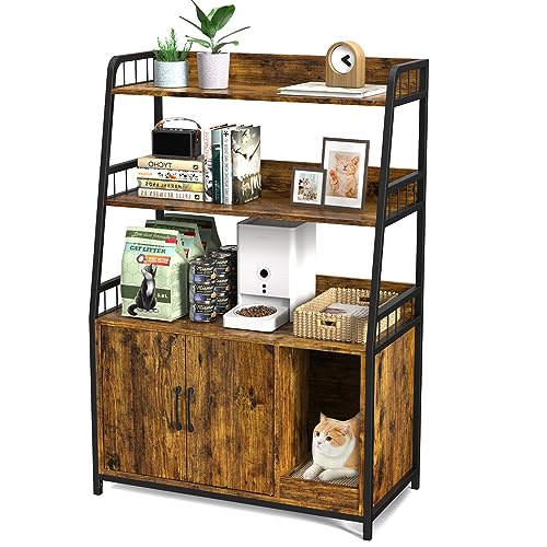 Easycom Large Hidden Litter Box Furniture with Shelf Storage, Wooden Cat House with Cat Scratching Pad, Double Door Design, Fits Most Litter Boxes - image 8