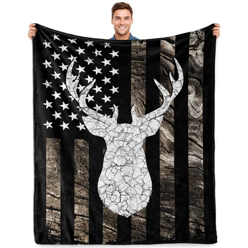 Jekeno Hunting Gifts Blanket American Flag Rustic Wood Deer Throw Blanket
