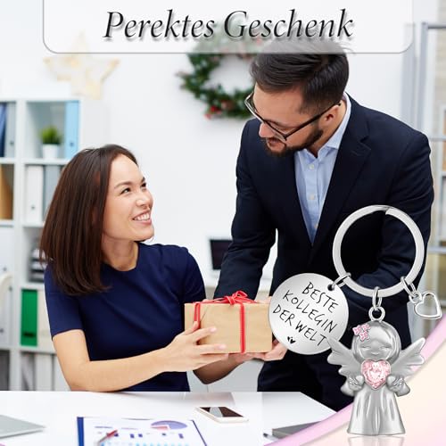 YnewL Beste Kollegin Schlüsselanhänger Schutzengel Glücksbringer Matt mit Edelsteinen, mit Herz und Gravur - Abschied Kollege Abschiedsgeschenk(Rosa)