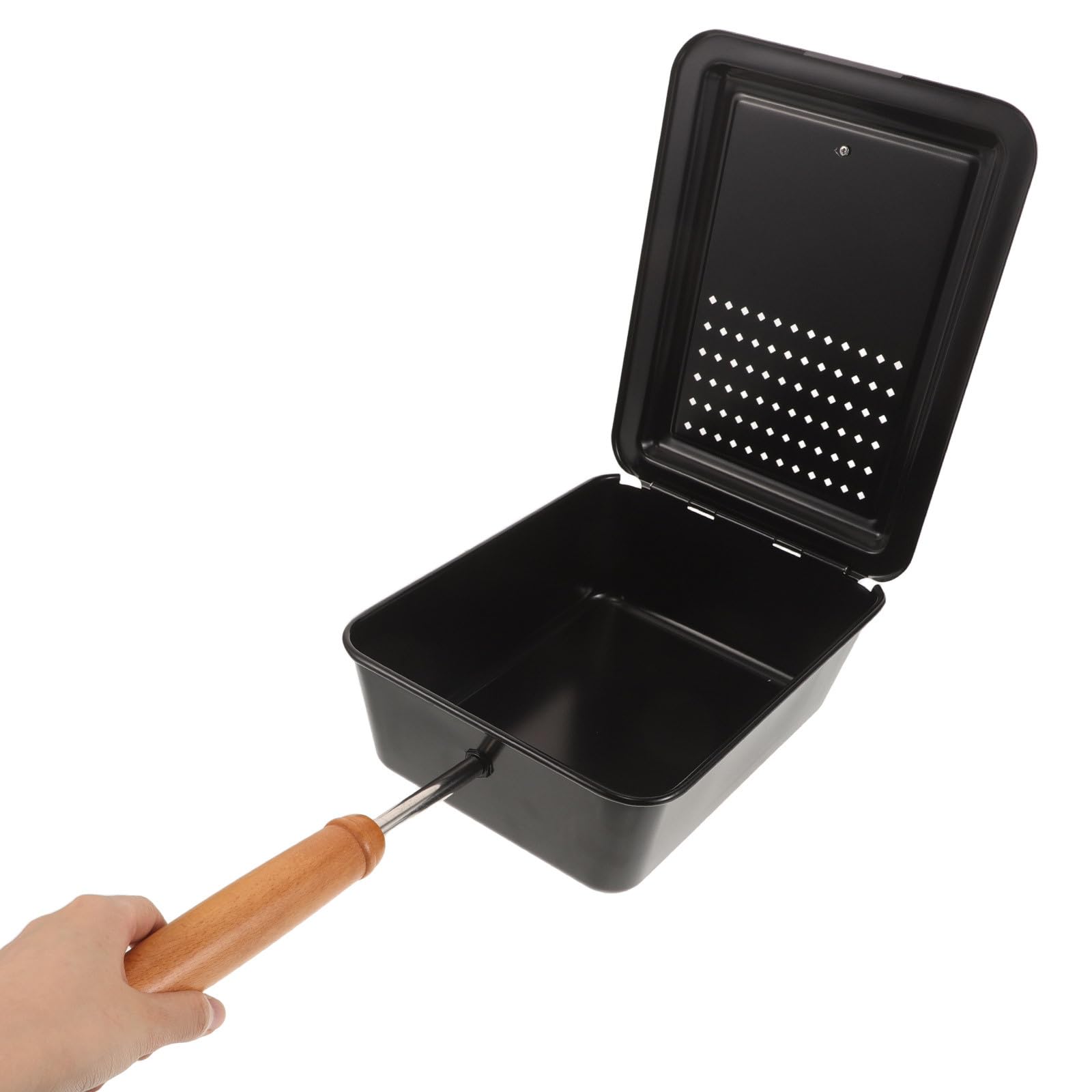 Operitacx Palomitera con tapa ventilada - Sartén para palomitas de maíz de 26,2 x 19,5 x 10 cm con mango de madera - Sartén rectangular pequeña de hierro para cocinar, ideal para noches de cine y