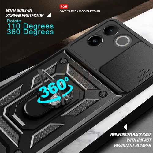Image of Armor Bumper Back Cover Case for Vivo T2 Pro /iQOO Z7 Pro | Rotating Camera Cover, Ring Holder & Kickstand | Heavy Duty & 360 Degree Protection Vivo T2 Pro /iQOO Z7 Pro Back Cover (Black)