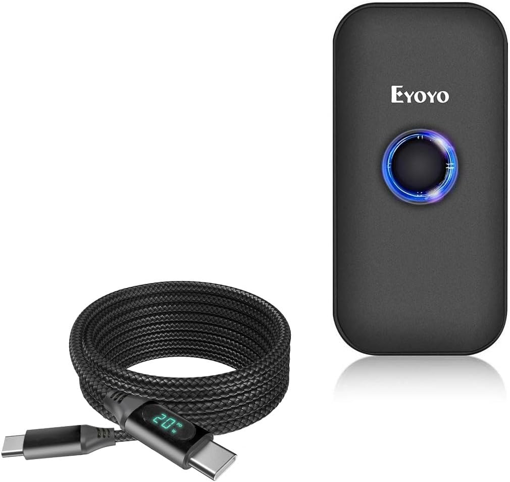 BoxWave Cable Compatible with Eyoyo Mini Portable Barcode Scanner - PowerDisplay PD Cable (6ft) - USB-C to USB-C (100W), LED Wattage Info Extra Long Braided Nylon - Jet Black
