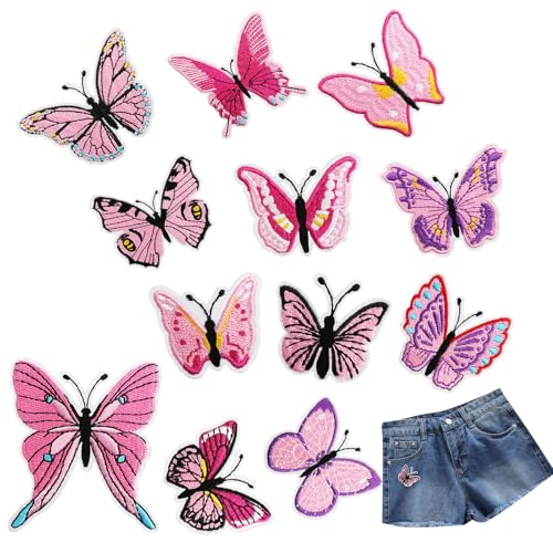 LINGJIA 12 Pièces Ecusson Thermocollant, Broderie Papillon, Patch Thermocollant Papillon, Décoration de Sac D'École (Rose)