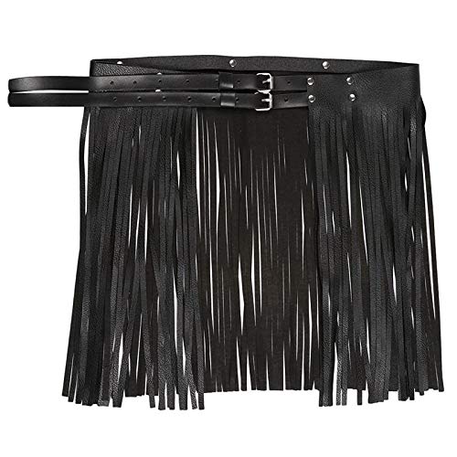 Kkmeter Women's Faux Leather Waistband Fringe Tassel Skirt Hippie Boho High Waist Adjustable Double Waist Belt Skirt Clubwear (Black) #TOP2