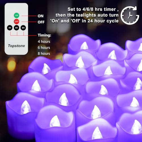 Image of Topstone Electronic Flameless Candles with Remote Control,Purple LED Light, 400+ Hours Battery Life, CR2450 Battery Included, Timer, Realistic Flickering for Home Decor, Wedding, Party, Holiday