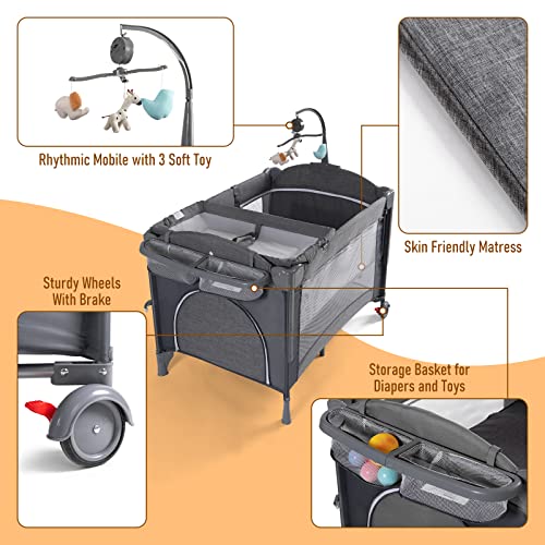 Image of Baby Bassinet Bedside Sleeper Baby Crib, Pack and Play with Bassinet and Changing Table, Portable Travel Baby Playpen with Bassinet Toys & Music Box, Mattress for Girl Boy Infant Newborn Gray