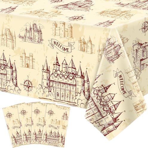 4Pcs Wizard Tablecloth Birthday Party Wizards Themed Halloween Table Covers 51 x 86 Rectangle Magical Vintage Castle Table Cloth for Birthday Party Baby Shower Halloween Decoration Supplies (4)