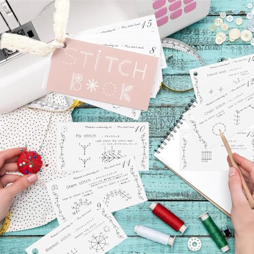 Image of PATPAT Embroidery Stitch Guide Brochure with Needle & Threads Beginners Stitch Skill Guide Book DIY Creative Sewing Practice Cards Set,Portable Mini Sewing Book Craft Kit for Embroidery and