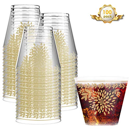 Nuovoware Disposable Plastic Cups, [100 Pack] 9 Ounce Clear Plastic Cups Tumblers Fancy