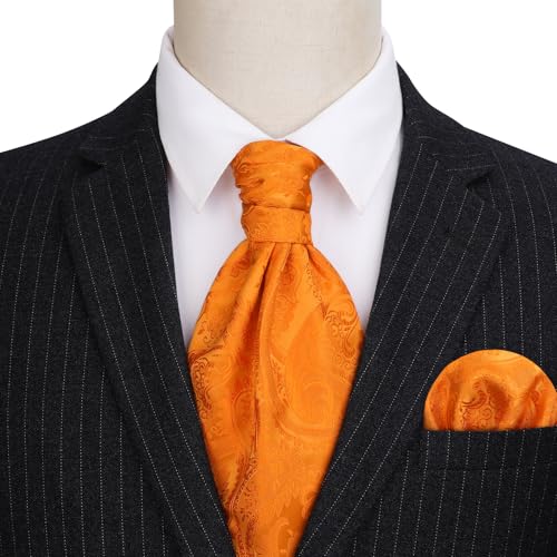 Image of HISDERN Ascot Ties for Men Paisley Floral Ascot and Pocket Square Set Classic Self Tie Mens Cravat Handkerchief for Wedding