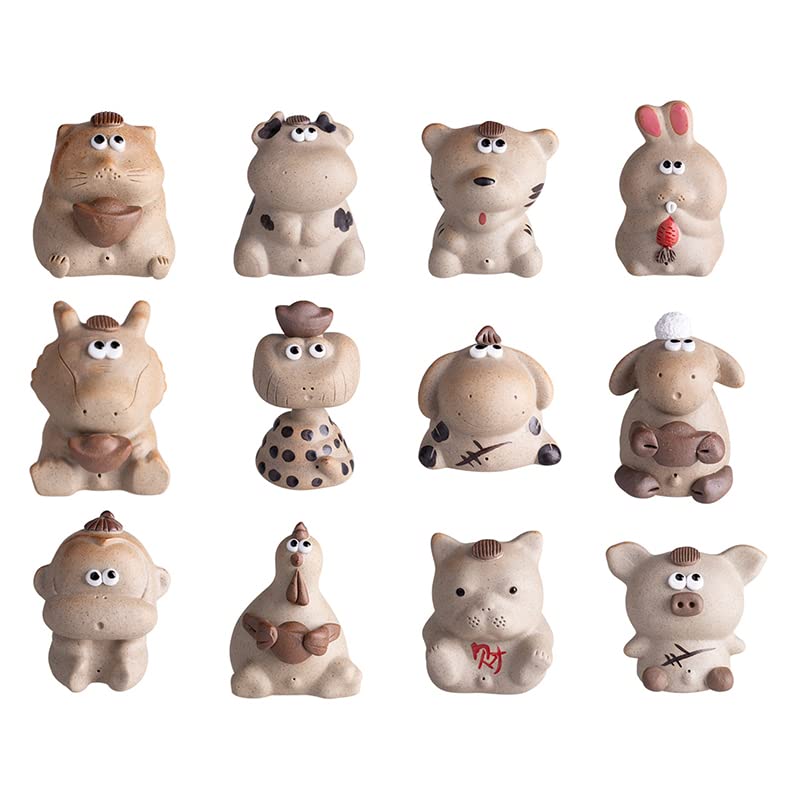 Chinese Zodiac Purple Clay Tea Pet Spray Water Cute Funny Tea Accessories Lazy Kung Fu Tea Sets For Tea Lovers Home Car Shelves Decor (Set(12in1))