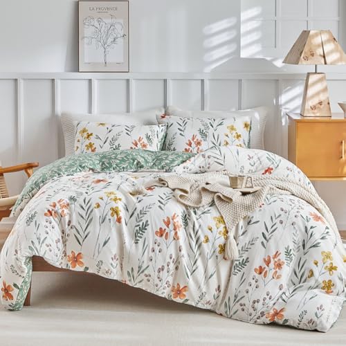 Tokokimo Funda Nordica Cama 150 Algodon, Funda Nórdica 240x220, Funda Edredon Ramas y Hojas Patrón Algodón 3 Piezas Compuesto por 1 Funda Nórdica 220x240 + 2 Fundas de Almohada 50x75, Blanco/Verde